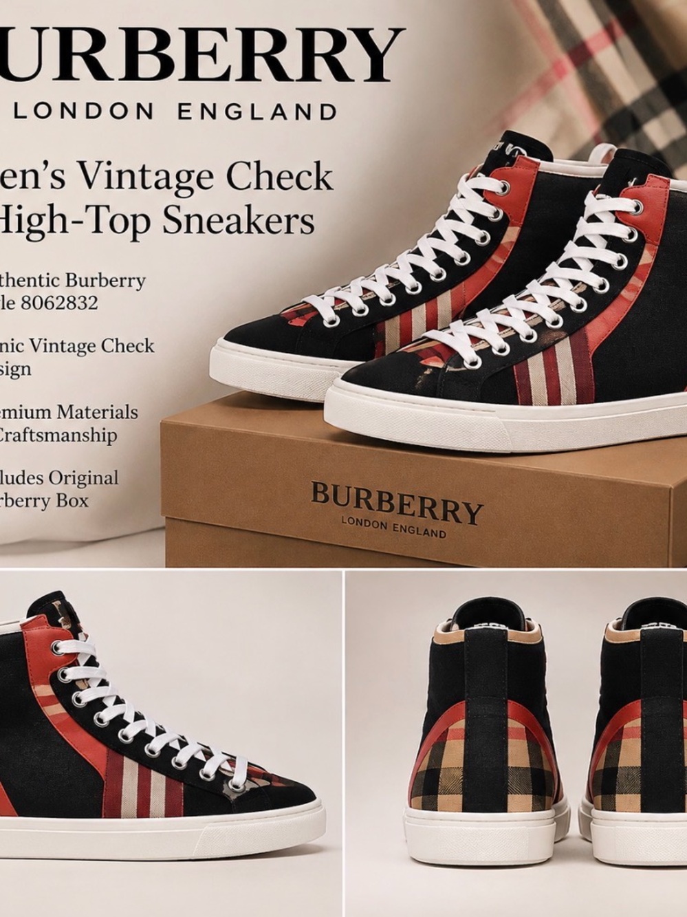 Burberry Black, Red & Tan Vintage Check High-Top Sneakers